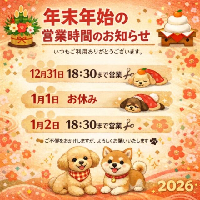 ・
🎍年末年始の営業時間のお知らせ🎍

いつも当店をご利用いただきありがとうございます。
年末年始の営業時間は下記の通りとなります。

・12月31日　9:30-18:30まで営業
・1月1日　お休み
・1月2日　9:30-18:30まで営業

1月3日より通常通りの営業時間となります。

年末年始も大切なわんちゃん、ねこちゃんのケアをお任せください🐾
ご不便をおかけしますが、よろしくお願いいたします🐶✨

#ペッツビレッジ大垣店トリミングコーナー