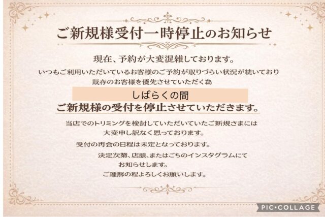 いつも当店をご利用いただき誠にありがとうございます。
ペッツビレッジ大垣店トリミング室からのお知らせです。

現在、予約が大変混雑しております。

いつもご利用いただいているお客様のご予約が
取り辛い状況が続いており
既存のお客様を優先させていただく為、
2026年2月1日よりしばらくの間、
ご新規様の受付を一時的に
停止させていただきます。
当店でのトリミングを検討していただいていた
ご新規さまには大変申し訳なく思っております。

受付再会の日程は決定次第、
店頭・またはこちらのインスタグラムにて
お知らせいたします。
ご理解の程よろしくお願いします。

#ペッツビレッジ大垣店トリミング室 
#アクアウォーク #トリミング #アピタ大垣店