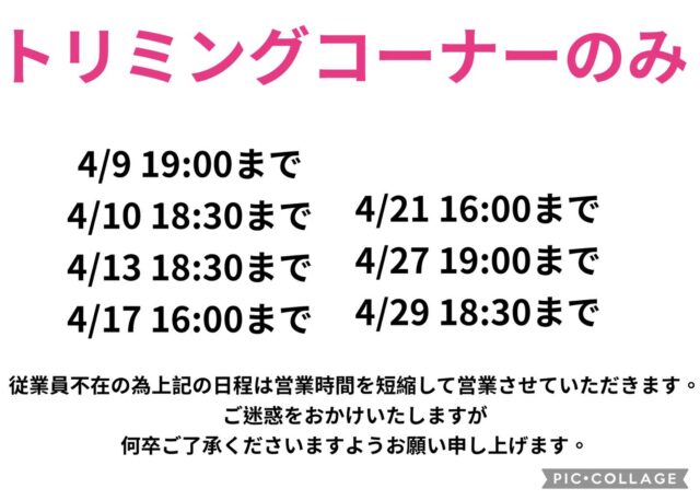 こんにちは☀️
ペッツビレッジ大垣店です。

いつも当店をご利用くださいまして
誠にありがとうございます😌

誠に勝手ながら、従業員不在のため、上記の日程は営業を短縮して営業させていただきます。

ご迷惑をおかけいたしますが
何卒ご了承くださいますようお願い申し上げます。

ペッツビレッジ大垣店
トリミングコーナーより

#ペッツビレッジ大垣店 
#ペッツビレッジ #アピタ大垣店 #アクアウォーク大垣